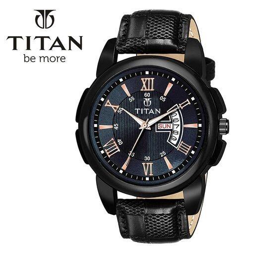 Product Title  Titan Men’s Analog Watch with Black Dial & Leather Strap – Day & Date Display