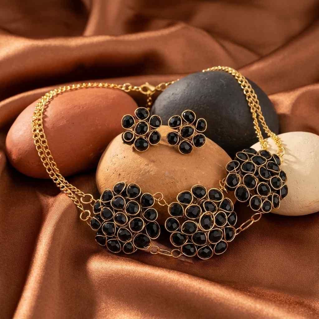 🖤 Black Crystal Set of Necklace & Earrings (Premium Finish) (Pack of 1)