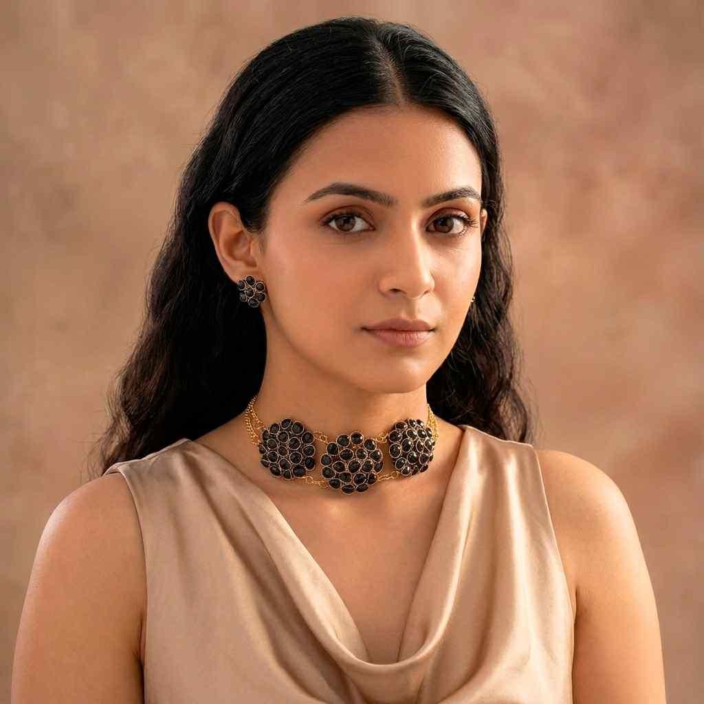 🖤 Black Crystal Set of Necklace & Earrings (Premium Finish) (Pack of 1)